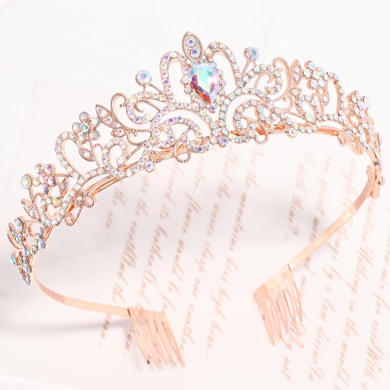TAROSE Iridescent and Rose Gold Crowns for Women, Queen Crystal Tiaras with Iridescent Rhinestone and Combs, Goddess Crown for Wedding Bride Birthday Princess Bridal Shower for Women - Image 3