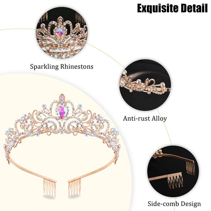 TAROSE Iridescent and Rose Gold Crowns for Women, Queen Crystal Tiaras with Iridescent Rhinestone and Combs, Goddess Crown for Wedding Bride Birthday Princess Bridal Shower for Women - Image 4
