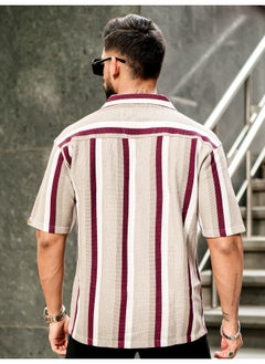 Maniac Mens Roman Stripes 3/4th Sleeve Tan HoneyComb Fabric Shirt  - Image 3