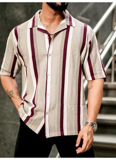 Maniac Mens Roman Stripes 3/4th Sleeve Tan HoneyComb Fabric Shirt  - Image 5