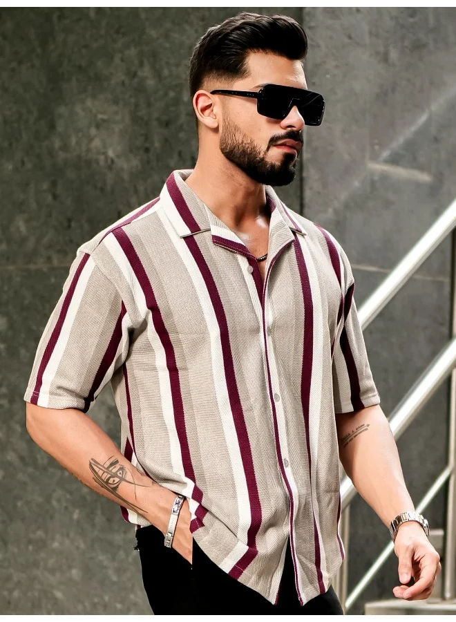 Maniac Mens Roman Stripes 3/4th Sleeve Tan HoneyComb Fabric Shirt