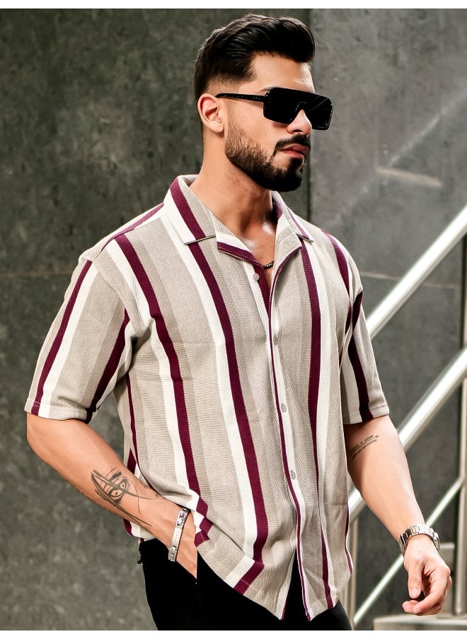 Maniac Mens Roman Stripes 3/4th Sleeve Tan HoneyComb Fabric Shirt  - Image 2