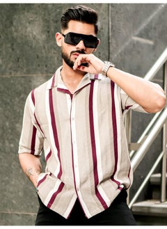 Maniac Mens Roman Stripes 3/4th Sleeve Tan HoneyComb Fabric Shirt  - Image 4