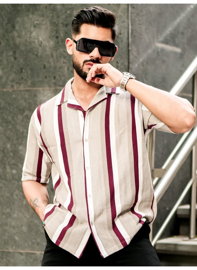 Maniac Mens Roman Stripes 3/4th Sleeve Tan HoneyComb Fabric Shirt  - Image 4