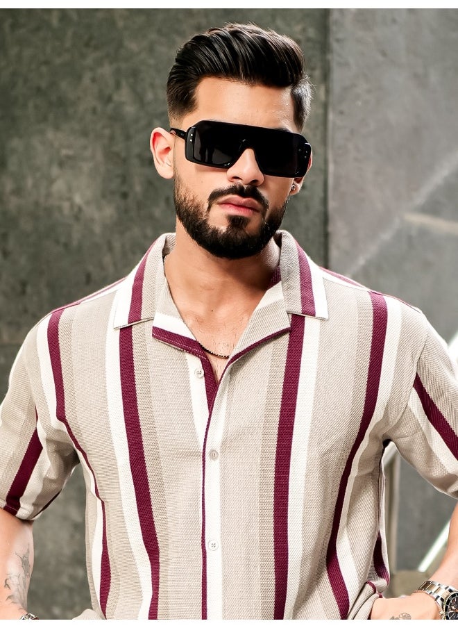 Maniac Mens Roman Stripes 3/4th Sleeve Tan HoneyComb Fabric Shirt  - Image 1