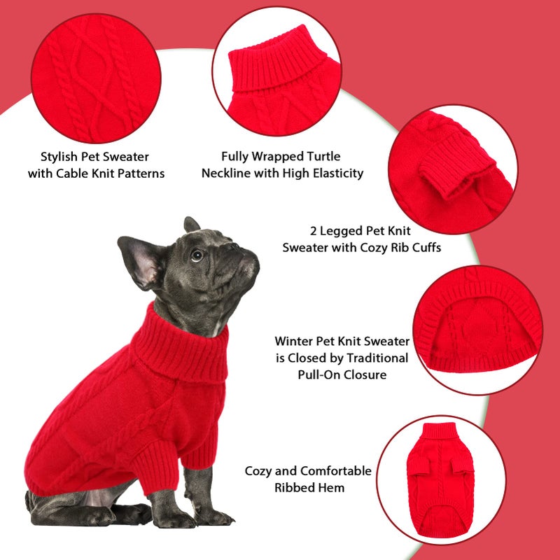 Queenmore Small Dog Pullover Sweater, Cold Weather Cable Knitwear, Classic Turtleneck Thick Warm Clothes for Chihuahua, Bulldog, Dachshund, Pug (Red, Medium) - Image 2