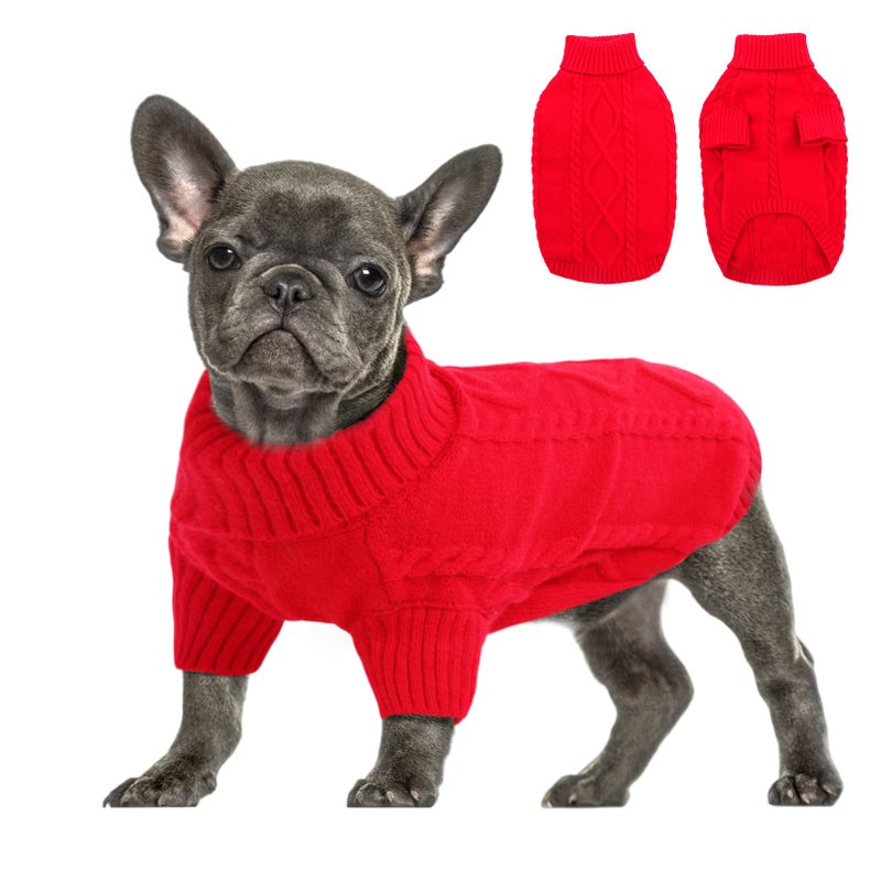 Queenmore Small Dog Pullover Sweater, Cold Weather Cable Knitwear, Classic Turtleneck Thick Warm Clothes for Chihuahua, Bulldog, Dachshund, Pug (Red, Medium) - Image 1