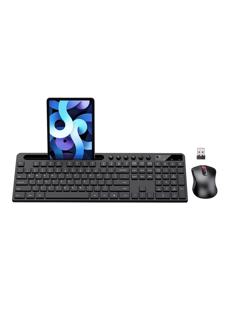 Aookay Wireless Keyboard and Mouse Combo, 2.4G Ergonomic Wireless Computer Keyboard with Phone Tablet Holder, Silent Mouse with 6 Button, Compatible with MacBook, Windows (Black)  - Image 1