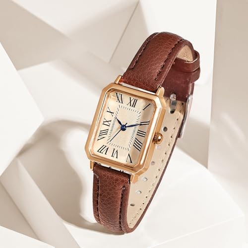 BESTKANG Leather Strap Watches for Women Elegant Dainty Ladies Watch Vintage Rectangle Women Quartz Wrist Watch (Brown Gold) - Image 4