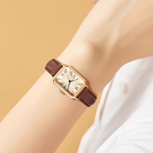 BESTKANG Leather Strap Watches for Women Elegant Dainty Ladies Watch Vintage Rectangle Women Quartz Wrist Watch (Brown Gold) - Image 3