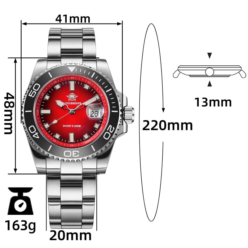 ADDIESDIVE 41 MM Mens Wrist Watch Quartz Diver Watch for Men Easy to Read Dial 200 M Waterproof BGW9 Luminous Analog Red Gradient Dial - Image 2