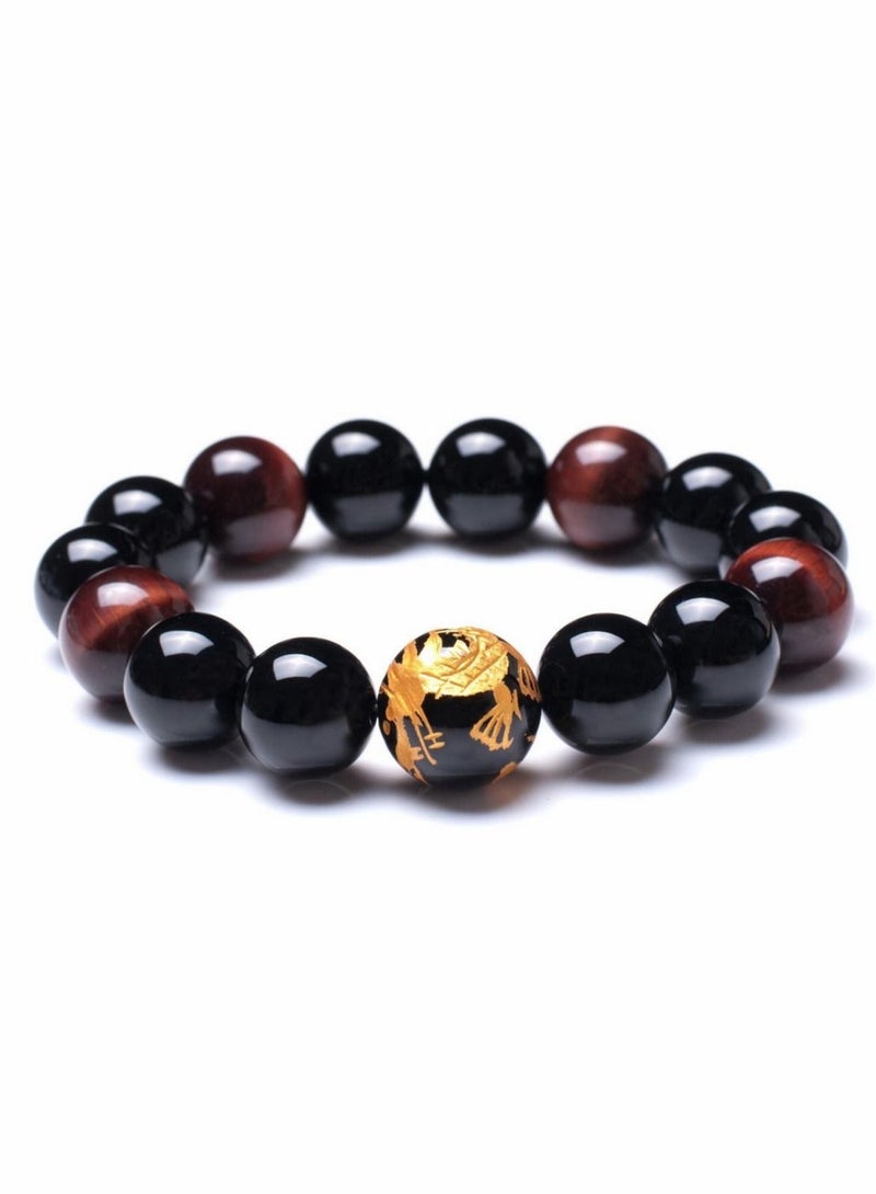 Men's Tiger Eye Stretch Bracelet Dragon King Pattern Bead(Silver&Yellow) - Image 1