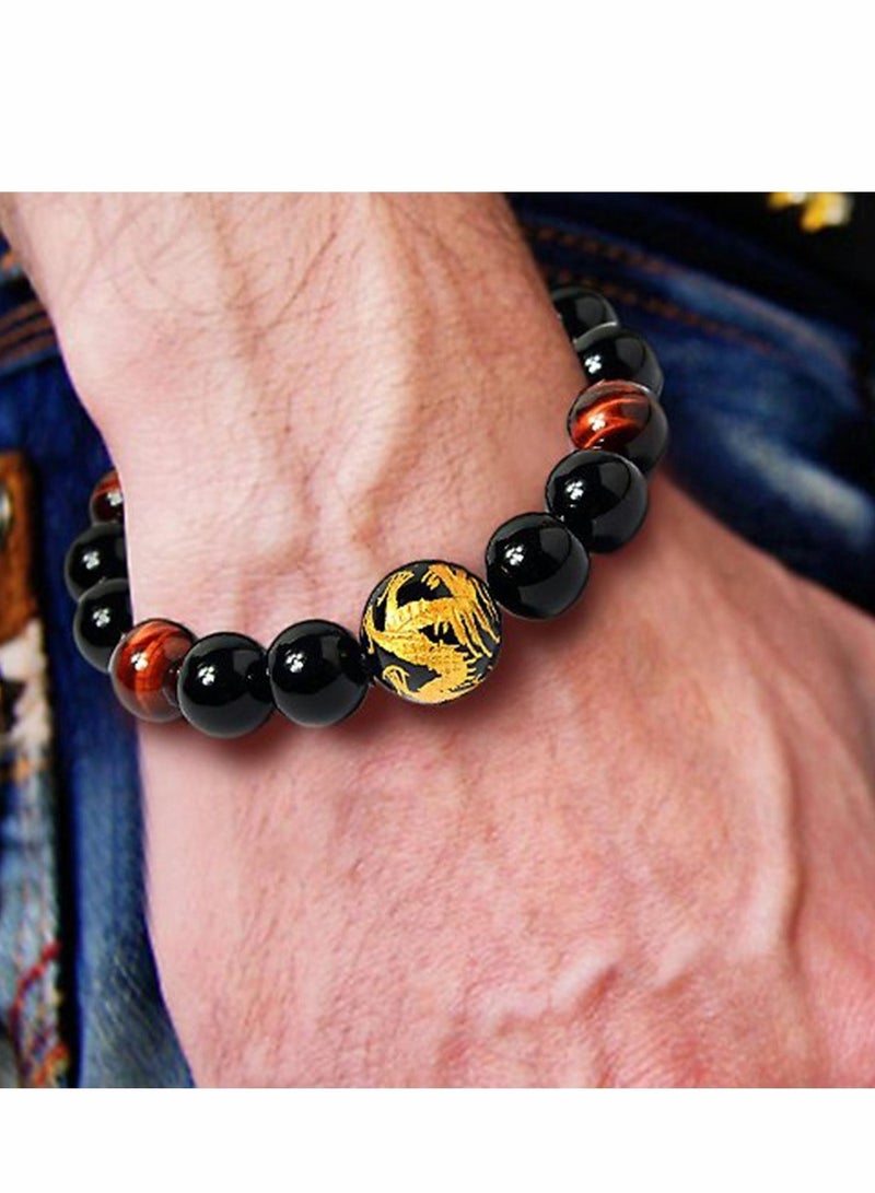 Men's Tiger Eye Stretch Bracelet Dragon King Pattern Bead(Silver&Yellow) - Image 5