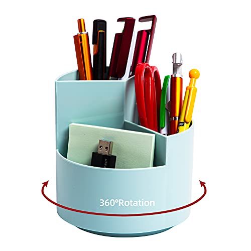 EDENMS Desk Pencil Pen Holder, 3-Slot 360 Spinning Desk Organizer, Cute Pencil Cup Pot for Office, School, Art Supply - Blue - Image 1