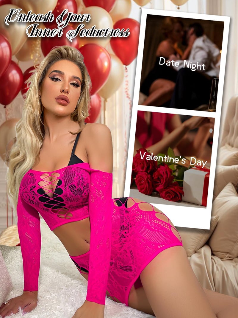 GirlFriend Lingerie for Women Lovely Deep V Neck Teddy Babydoll Mesh Nightwear for Women Mesh Badydoll Fishnets Dresses See Through Lingerie Chemise Outfits One Piece Rose Red - Image 3