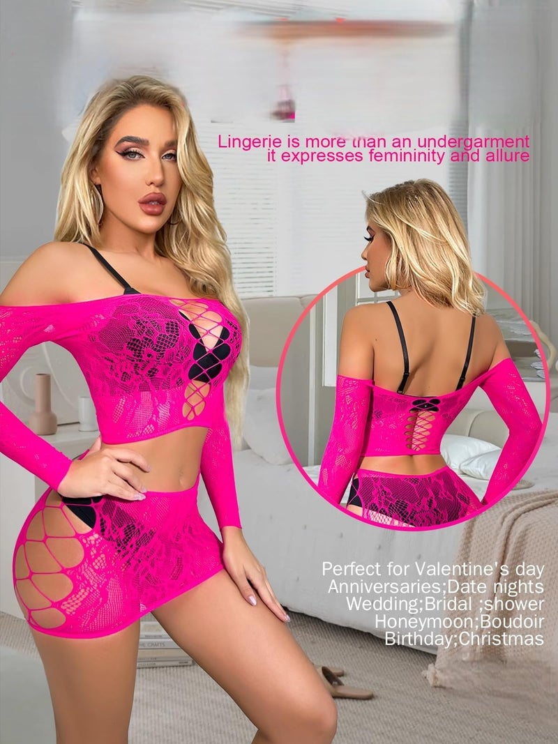 GirlFriend Lingerie for Women Lovely Deep V Neck Teddy Babydoll Mesh Nightwear for Women Mesh Badydoll Fishnets Dresses See Through Lingerie Chemise Outfits One Piece Rose Red - Image 4