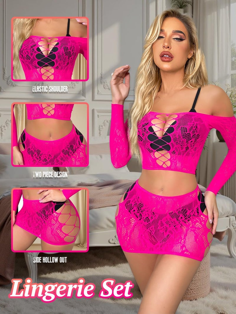 GirlFriend Lingerie for Women Lovely Deep V Neck Teddy Babydoll Mesh Nightwear for Women Mesh Badydoll Fishnets Dresses See Through Lingerie Chemise Outfits One Piece Rose Red - Image 2