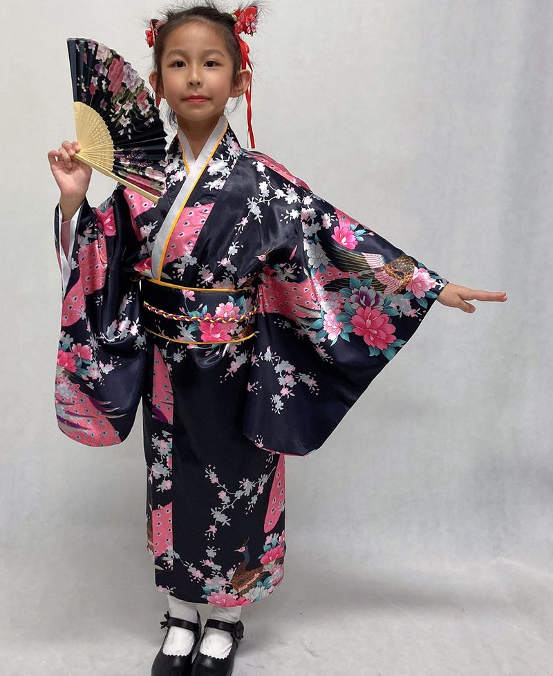 Elibelle Japanese Traditional Dress Kimono Robe for Kids Girls Costume Silk Folding Fans hairstick Set(Black140cm) - Image 5