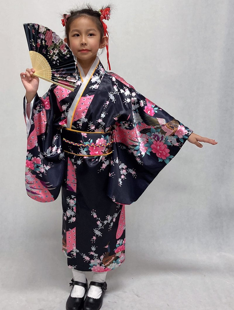 Elibelle Japanese Traditional Dress Kimono Robe for Kids Girls Costume Silk Folding Fans hairstick Set(Black140cm) - Image 3