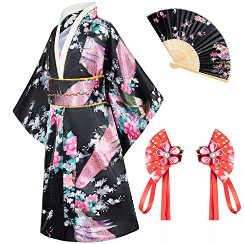 Elibelle Japanese Traditional Dress Kimono Robe for Kids Girls Costume Silk Folding Fans hairstick Set(Black140cm) - Image 1