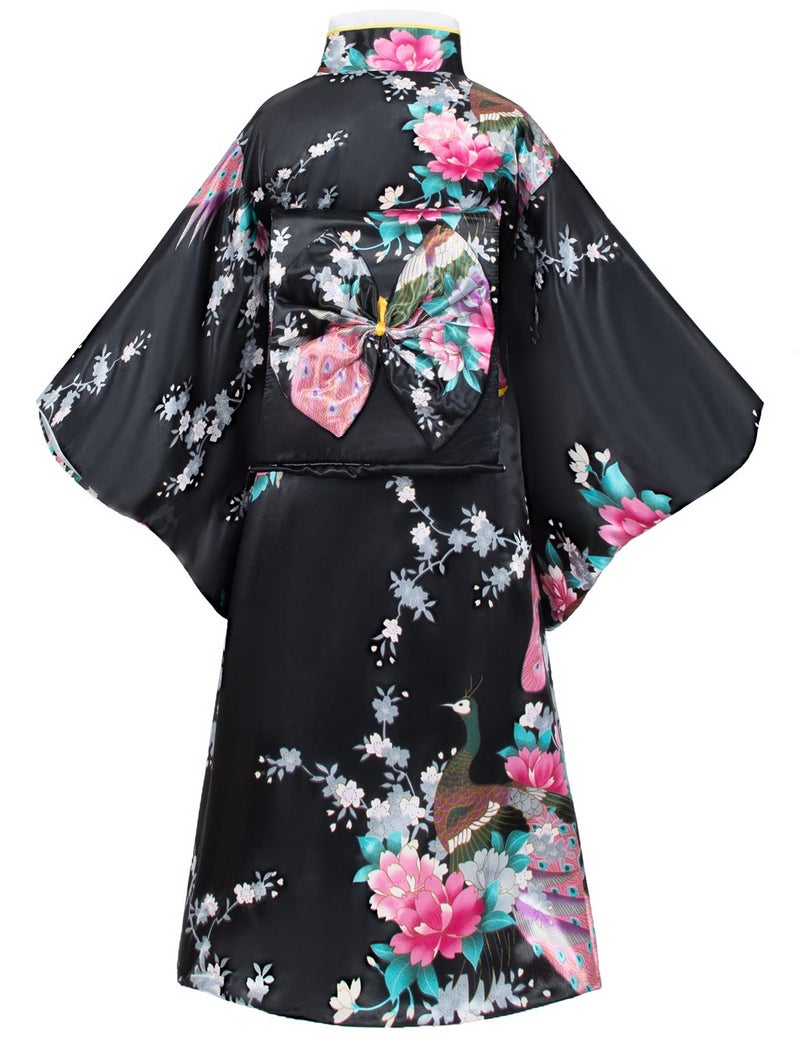 Elibelle Japanese Traditional Dress Kimono Robe for Kids Girls Costume Silk Folding Fans hairstick Set(Black140cm) - Image 4