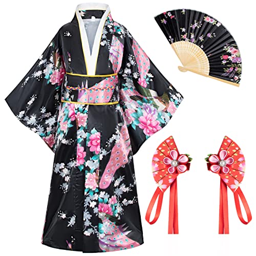 Elibelle Japanese Traditional Dress Kimono Robe for Kids Girls Costume Silk Folding Fans hairstick Set(Black140cm) - Image 2