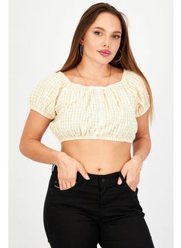 Women Square Neck Puff Sleeves Gingham Top, Beige and White