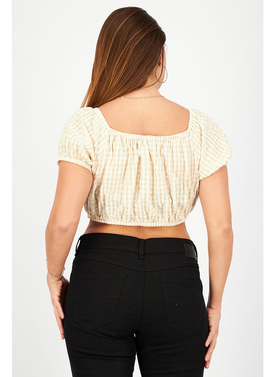 Don't Call Me Jennyfer - Women Square Neck Puff Sleeves Gingham Top, Beige and White - Image 1