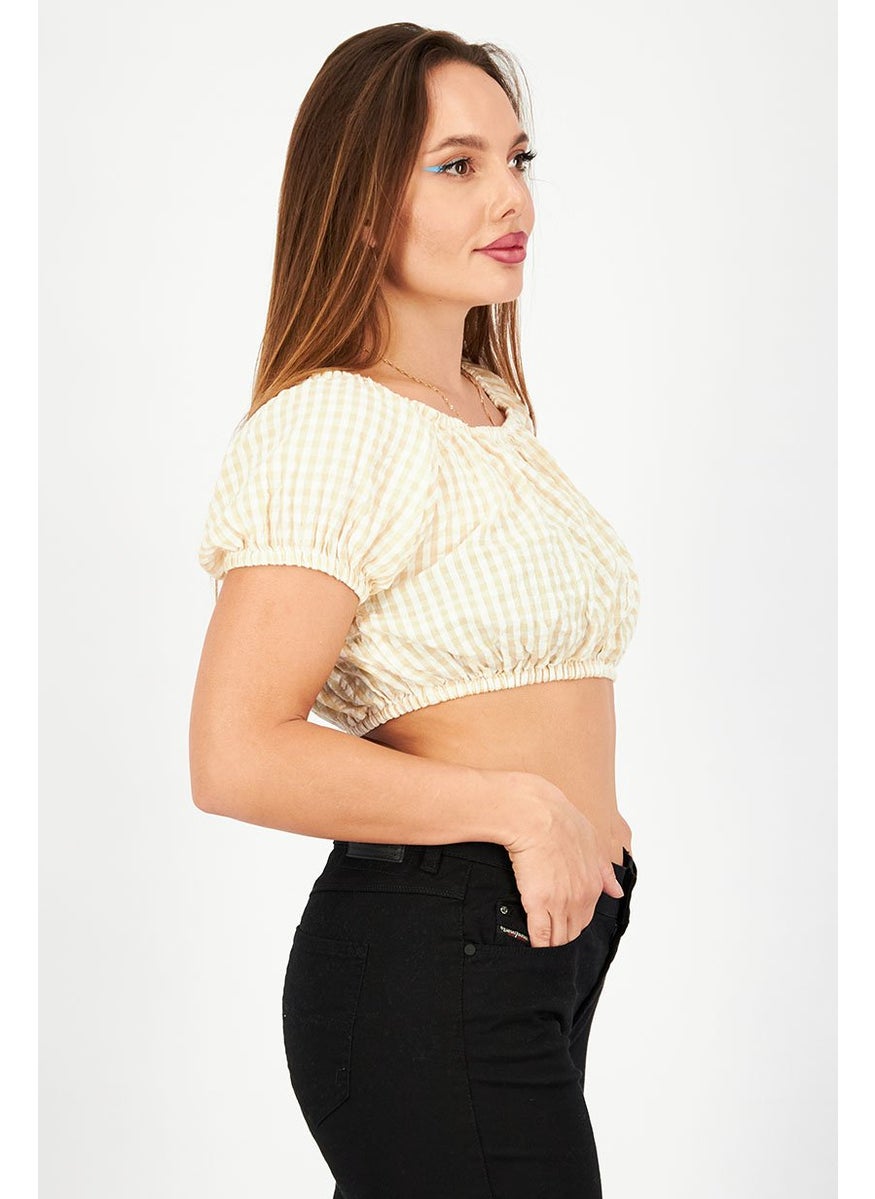 Don't Call Me Jennyfer - Women Square Neck Puff Sleeves Gingham Top, Beige and White - Image 1