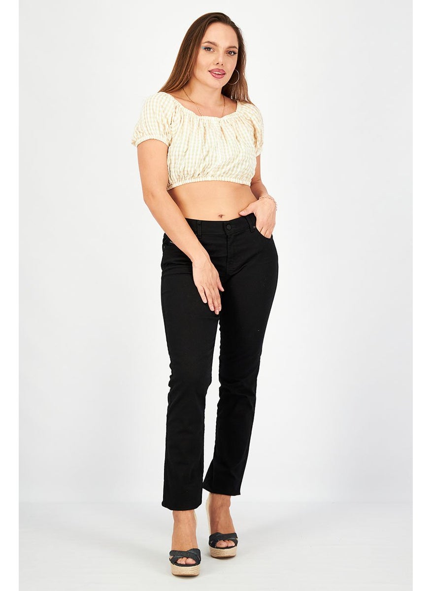 Don't Call Me Jennyfer - Women Square Neck Puff Sleeves Gingham Top, Beige and White - Image 1
