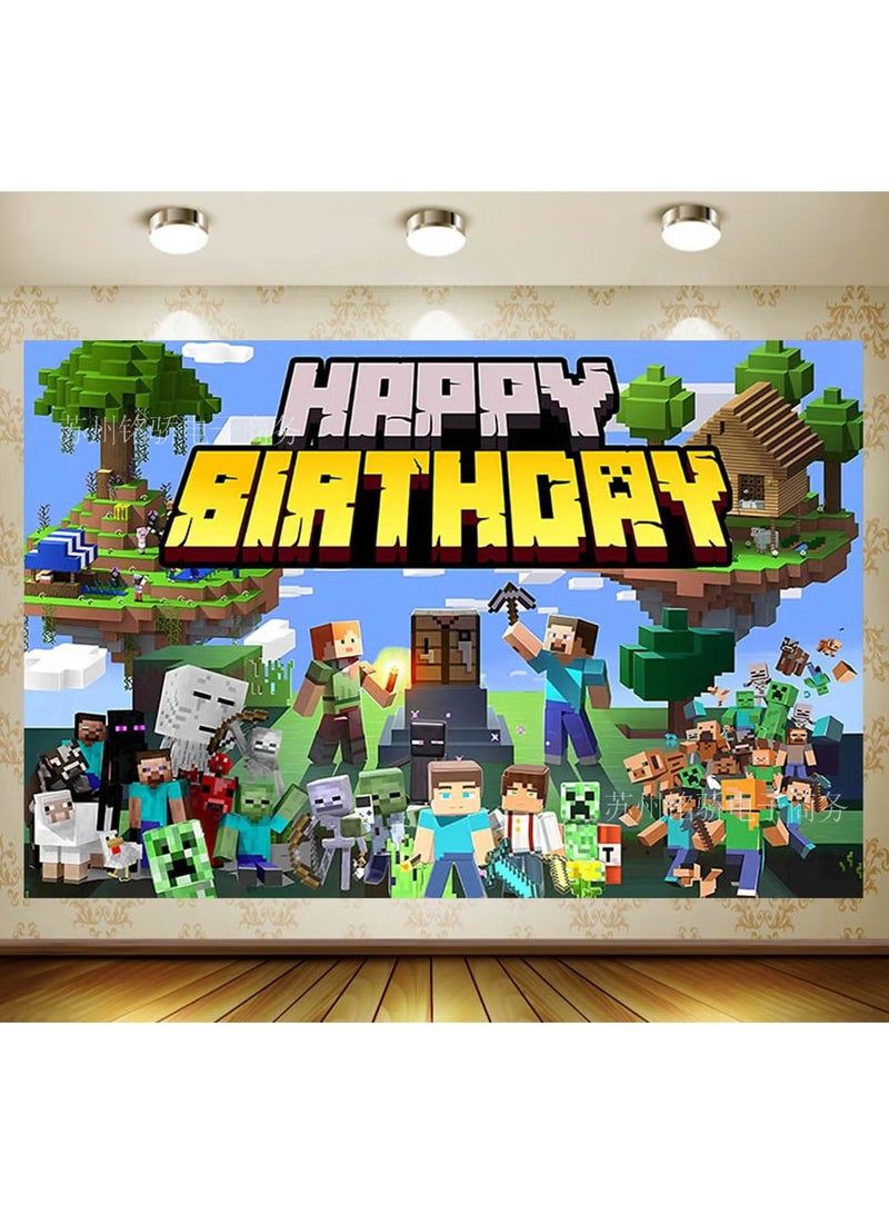 خلفية عيد ميلاد ماين كرافت، ثيم ماين كرافت، لافتة قماشية لعيد ميلاد الأطفال 3D يمكن استخدامها مع البالونات، حجم كبير 150*100 سم