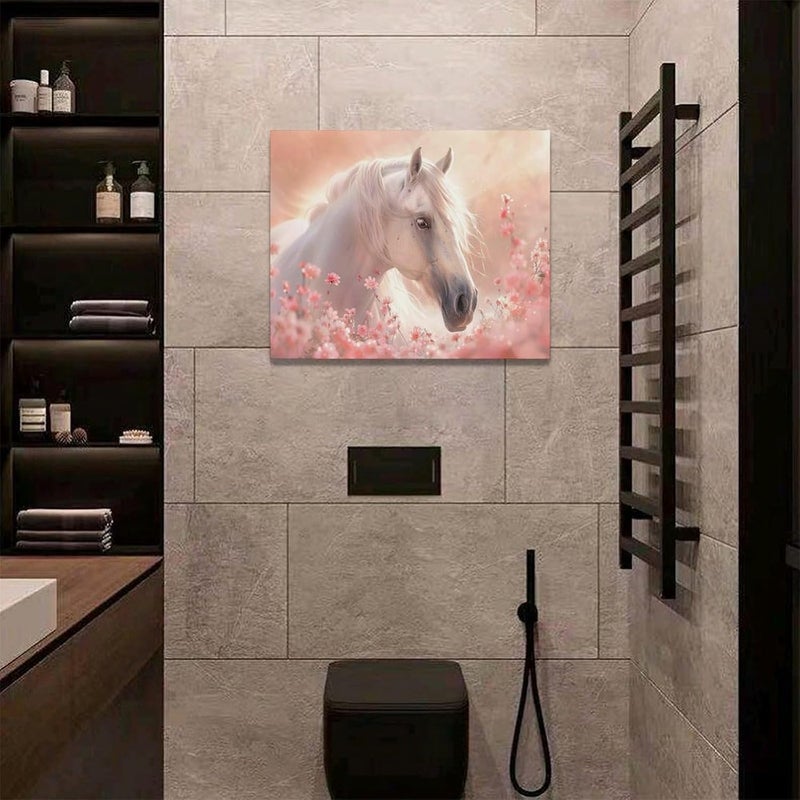 Fuzawet فن جدار قماش الحصان الأبيض مع تصميم زهور وردية - Image 5