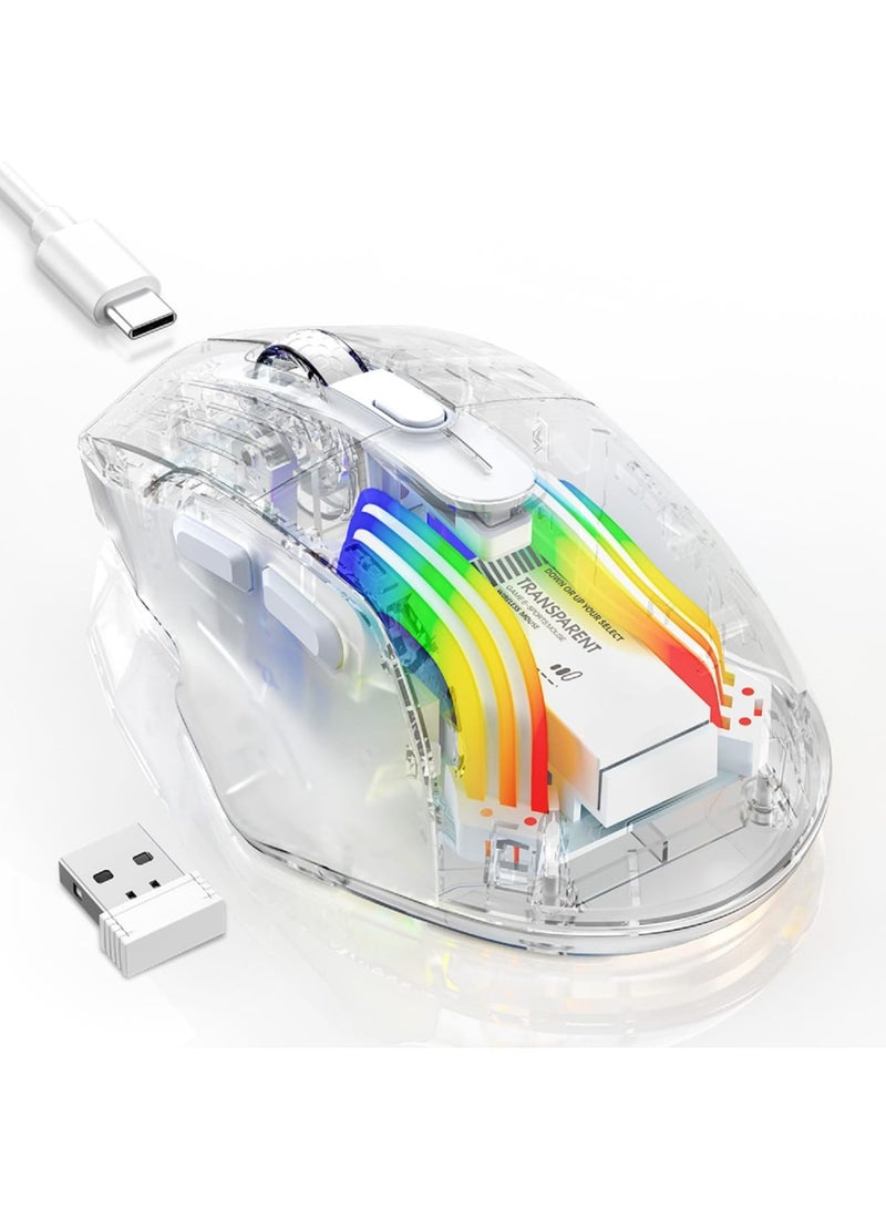 SYOSI Wireless Gaming Mouse with Transparent Back Shell, Tri-Mode 2.4G/USB-C/Bluetooth Silent Mouse with 5 DPI Levels, 6 Buttons, 11 Colorful RGB Lights, Ergonomic Mouse for Laptop PC Mac-Transparent - Image 1