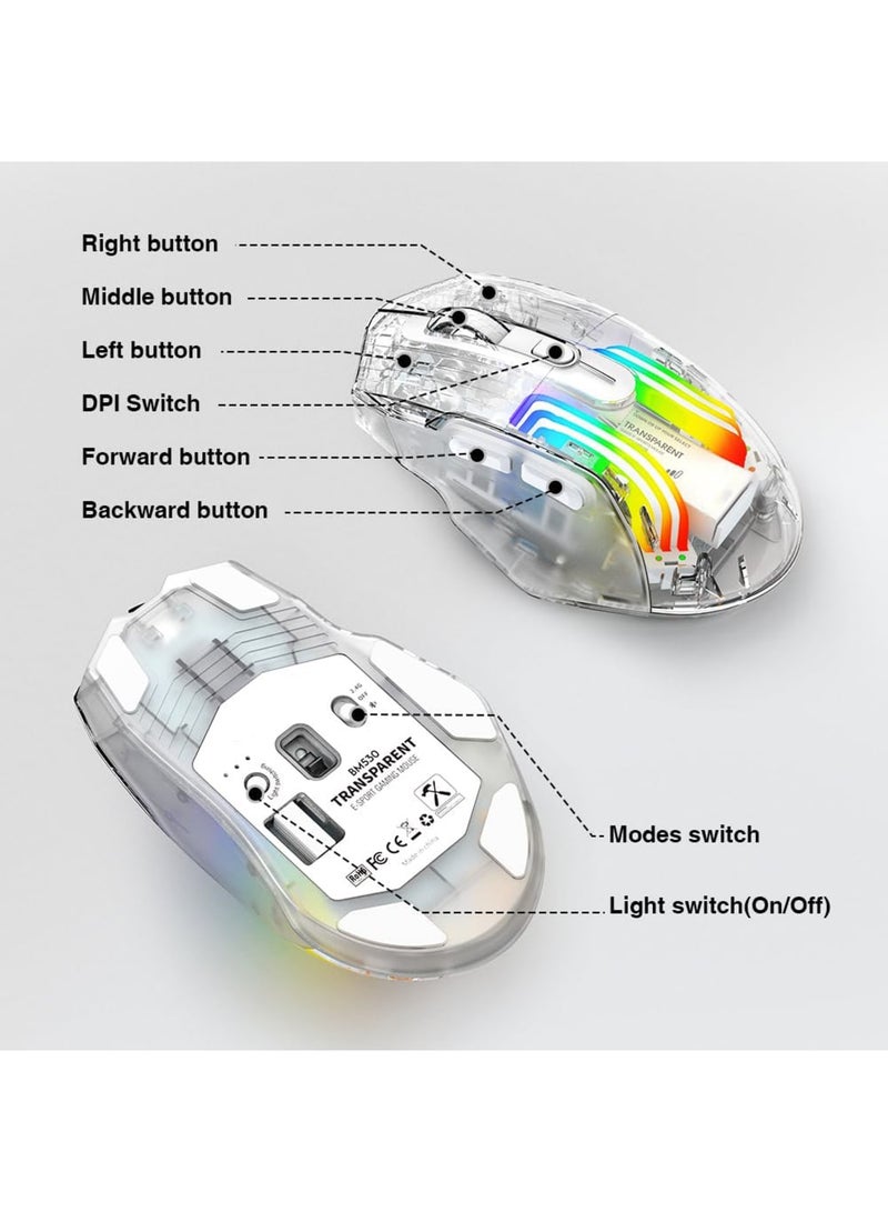 SYOSI Wireless Gaming Mouse with Transparent Back Shell, Tri-Mode 2.4G/USB-C/Bluetooth Silent Mouse with 5 DPI Levels, 6 Buttons, 11 Colorful RGB Lights, Ergonomic Mouse for Laptop PC Mac-Transparent - Image 4