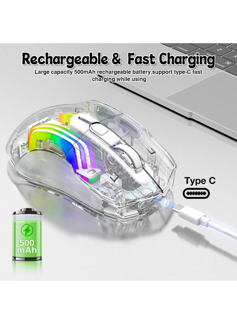 SYOSI Wireless Gaming Mouse with Transparent Back Shell, Tri-Mode 2.4G/USB-C/Bluetooth Silent Mouse with 5 DPI Levels, 6 Buttons, 11 Colorful RGB Lights, Ergonomic Mouse for Laptop PC Mac-Transparent - Image 5