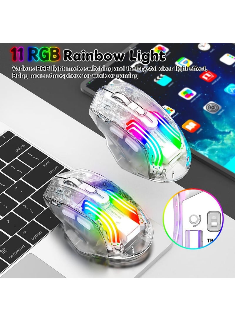 SYOSI Wireless Gaming Mouse with Transparent Back Shell, Tri-Mode 2.4G/USB-C/Bluetooth Silent Mouse with 5 DPI Levels, 6 Buttons, 11 Colorful RGB Lights, Ergonomic Mouse for Laptop PC Mac-Transparent - Image 2