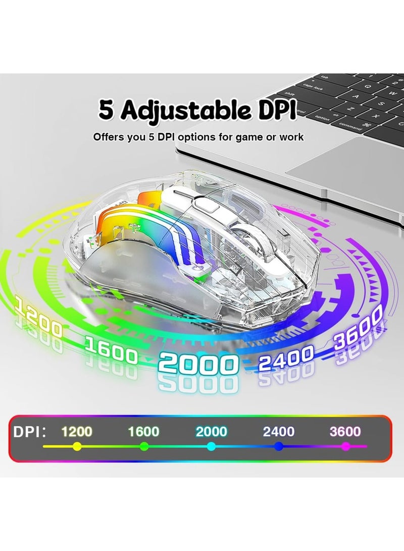 SYOSI Wireless Gaming Mouse with Transparent Back Shell, Tri-Mode 2.4G/USB-C/Bluetooth Silent Mouse with 5 DPI Levels, 6 Buttons, 11 Colorful RGB Lights, Ergonomic Mouse for Laptop PC Mac-Transparent - Image 3