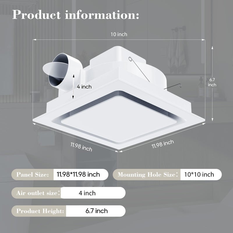 Orsong Bathroom Exhaust Fan 12" Panel Ultra Quiet without Lightï¼ˆ10x10 Mountï¼‰, 1.0 Sone 130CFM, 4" Duct for Bathroom/Garage/Home - Image 2