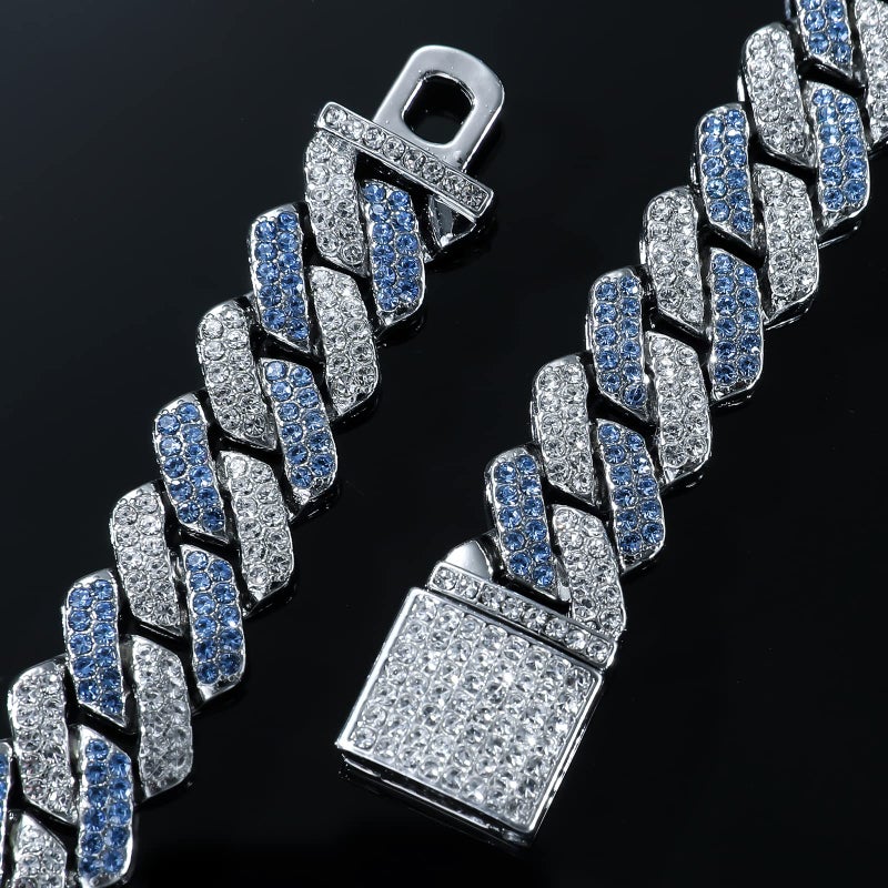 JUNVirtuous 2 Pieces Cuban Link Chain and Bracelet - Iced Out Miami Cuban Hip Hop Jewelry (Blue, 8" and 18" Chain) - Image 2