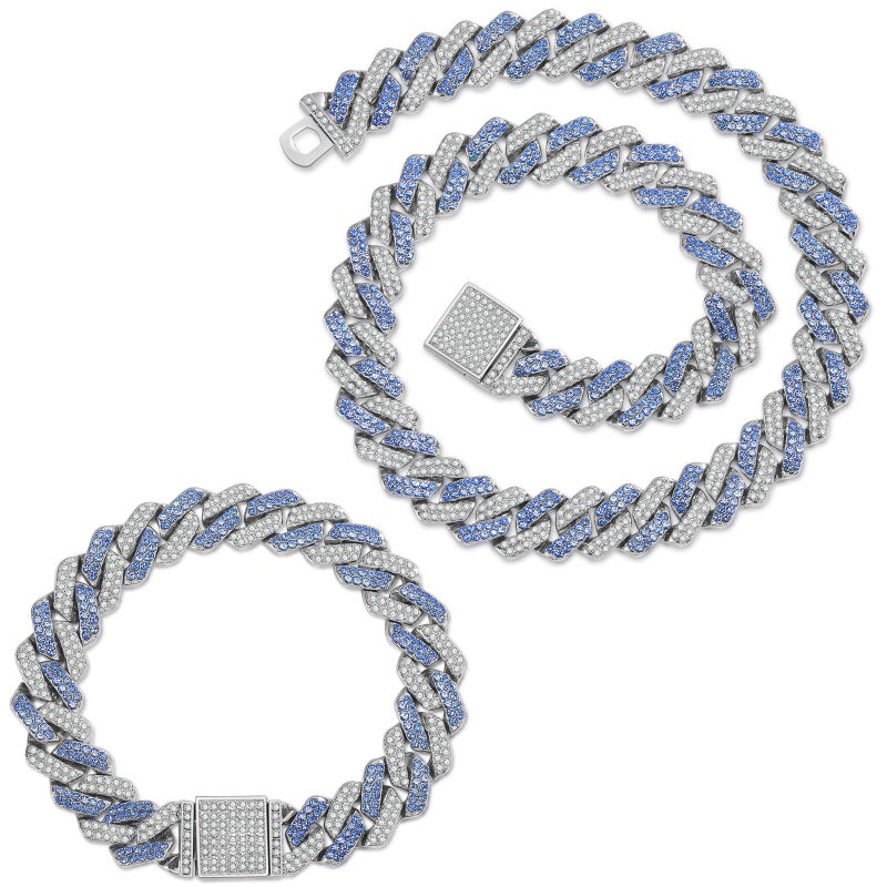 JUNVirtuous 2 Pieces Cuban Link Chain and Bracelet - Iced Out Miami Cuban Hip Hop Jewelry (Blue, 8" and 18" Chain) - Image 1