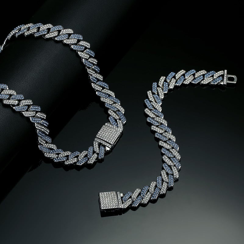 JUNVirtuous 2 Pieces Cuban Link Chain and Bracelet - Iced Out Miami Cuban Hip Hop Jewelry (Blue, 8" and 18" Chain) - Image 4