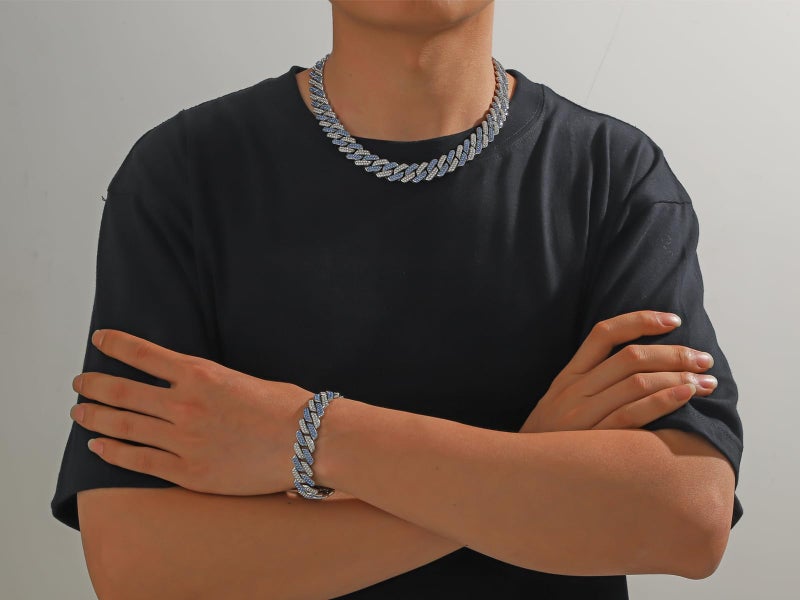JUNVirtuous 2 Pieces Cuban Link Chain and Bracelet - Iced Out Miami Cuban Hip Hop Jewelry (Blue, 8" and 18" Chain) - Image 5
