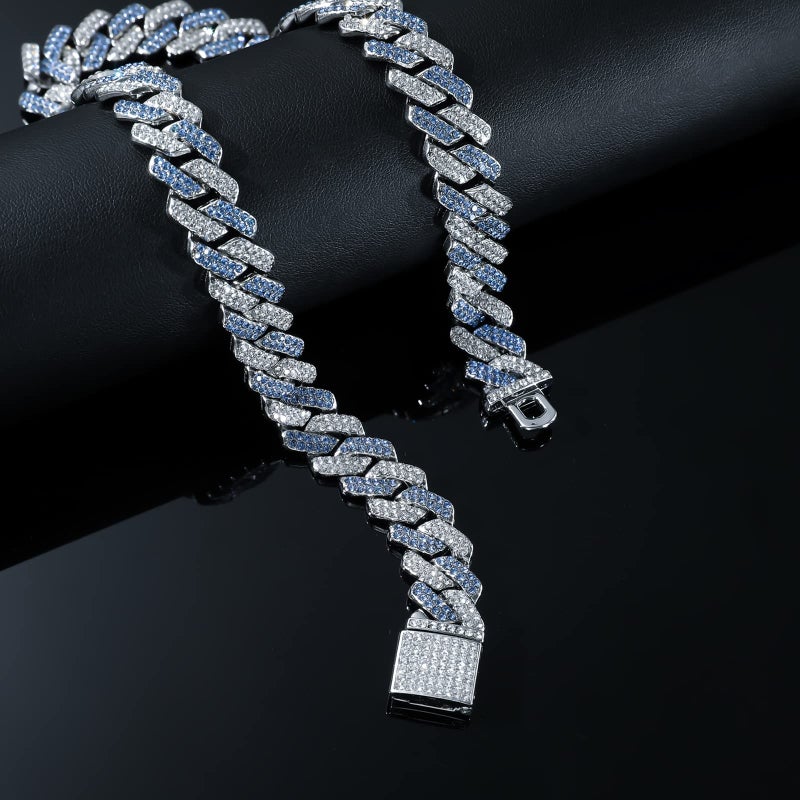 JUNVirtuous 2 Pieces Cuban Link Chain and Bracelet - Iced Out Miami Cuban Hip Hop Jewelry (Blue, 8" and 18" Chain) - Image 3