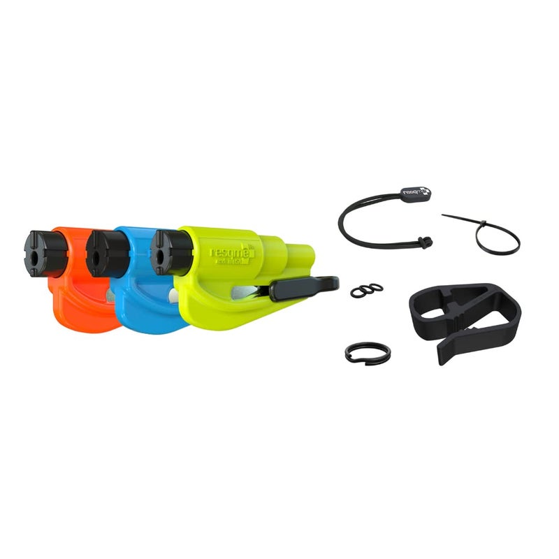 RESQME Accessory Pack The Original Emergency Keychain Car Escape Tool, 2-in-1 Seatbelt Cutter and Window Breaker, Made in USA With Visor Clip, Lanyard, Keyring and Cable Tie - Blue, Orange, Yellow