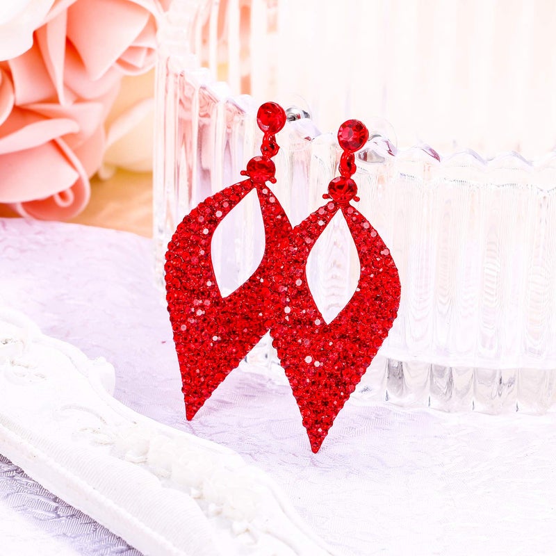 BriLove Bohemian Boho Dangle Earrings for Women Crystal Hollow Leaf Chandelier Jewelry Ruby Color Red-Silver tone - Image 2