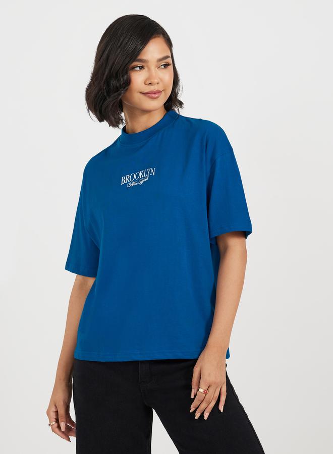 Styli Oversized High Neck Embroidery Detail T-Shirt - Image 3