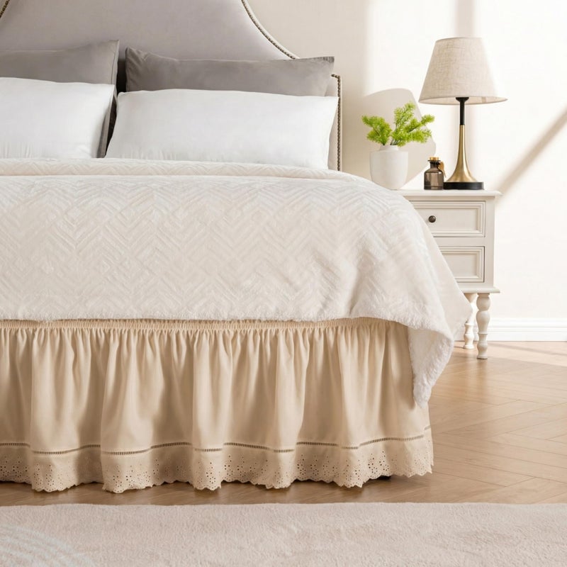 MIYE Wrap Around Ruffled Lace Bed Skirt, Elastic Dust Ruffle with Adjustable Belts, Easy to Put On, Bed Frame Cover, Machine Washable (Embroidered/Beige, King/Queen-15 Drop) - Image 1