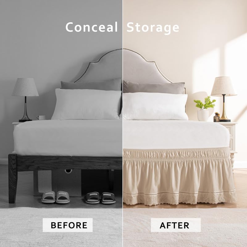 MIYE Wrap Around Ruffled Lace Bed Skirt, Elastic Dust Ruffle with Adjustable Belts, Easy to Put On, Bed Frame Cover, Machine Washable (Embroidered/Beige, King/Queen-15 Drop) - Image 3