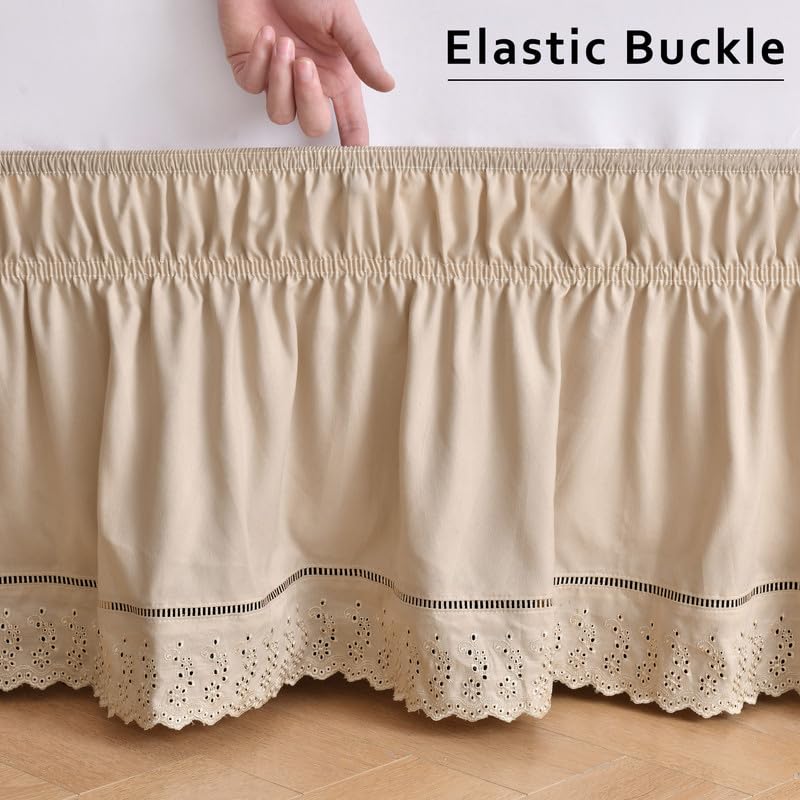 MIYE Wrap Around Ruffled Lace Bed Skirt, Elastic Dust Ruffle with Adjustable Belts, Easy to Put On, Bed Frame Cover, Machine Washable (Embroidered/Beige, King/Queen-15 Drop) - Image 5