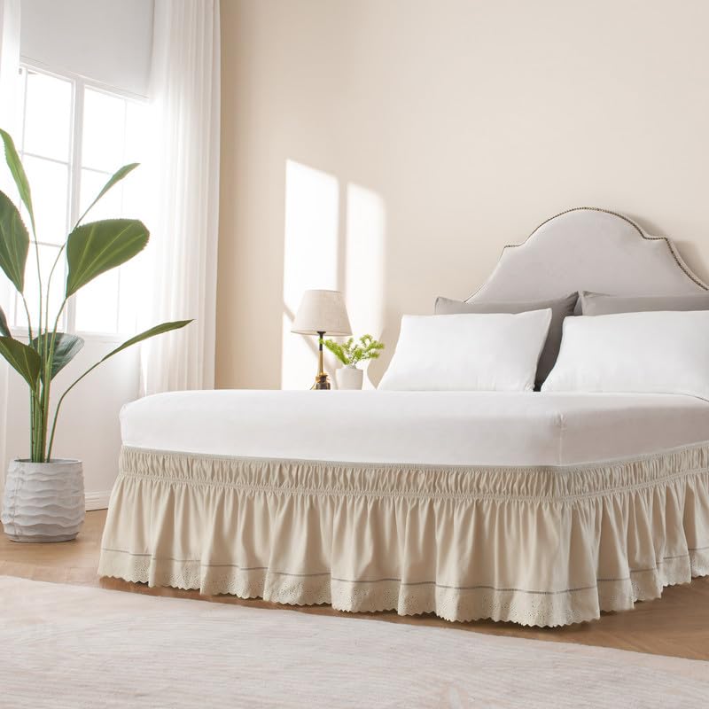 MIYE Wrap Around Ruffled Lace Bed Skirt, Elastic Dust Ruffle with Adjustable Belts, Easy to Put On, Bed Frame Cover, Machine Washable (Embroidered/Beige, King/Queen-15 Drop) - Image 2